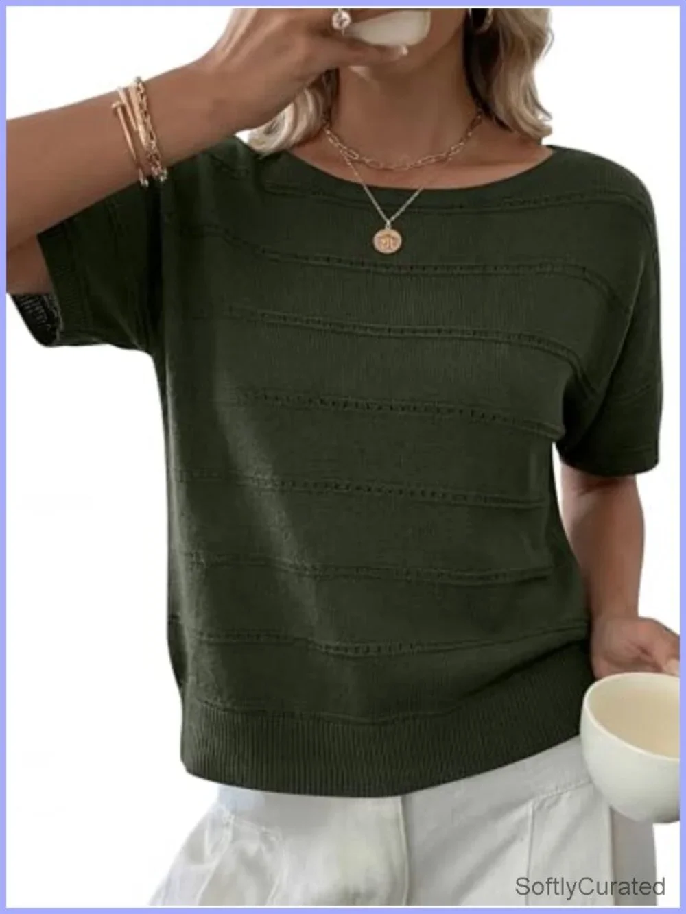 Short Sleeve Crochet Sweater Boat Neck Lightweight Business Casual Top